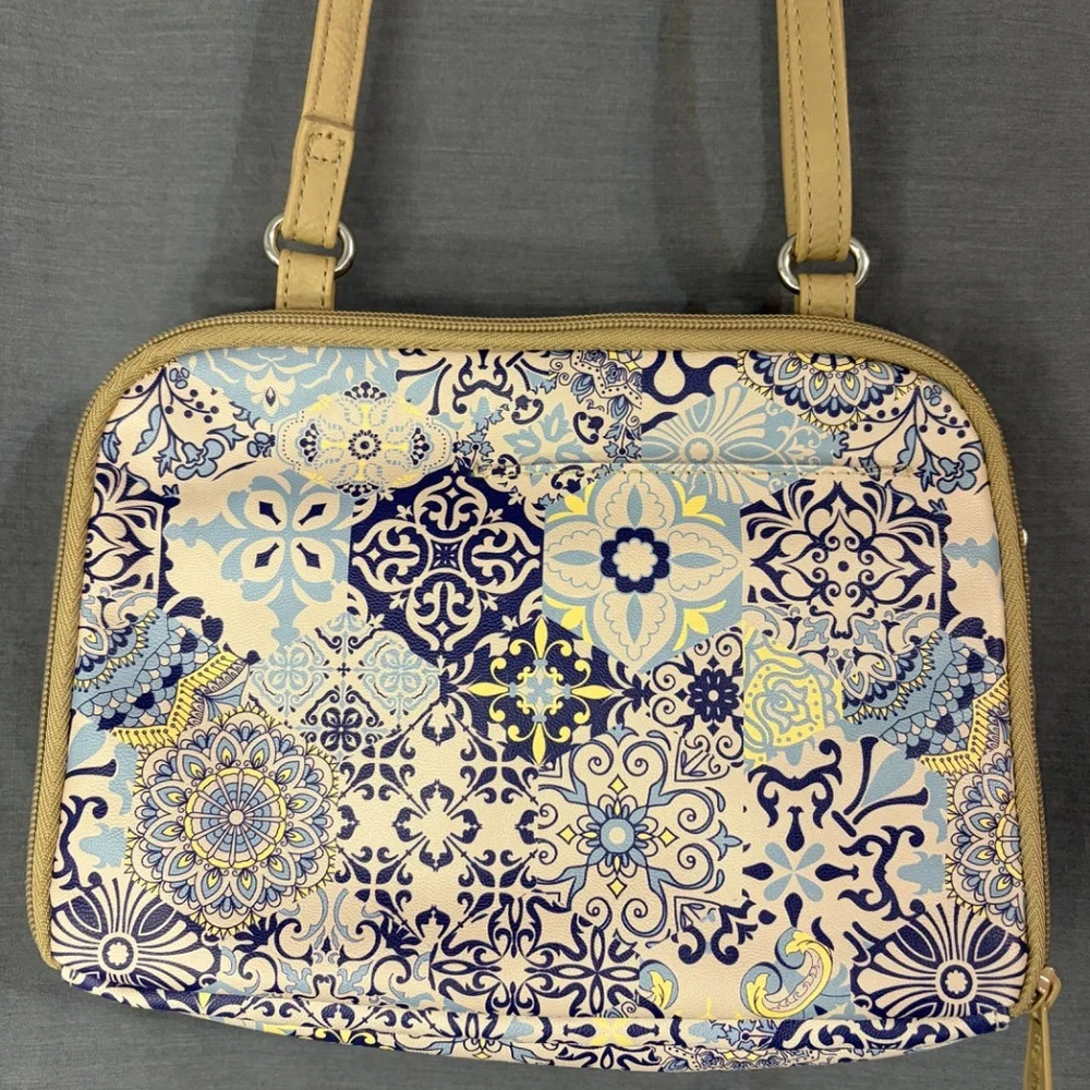 MultiSac Crossbody Purse Bag Beige & Blue Floral Casablanca Zip Pockets